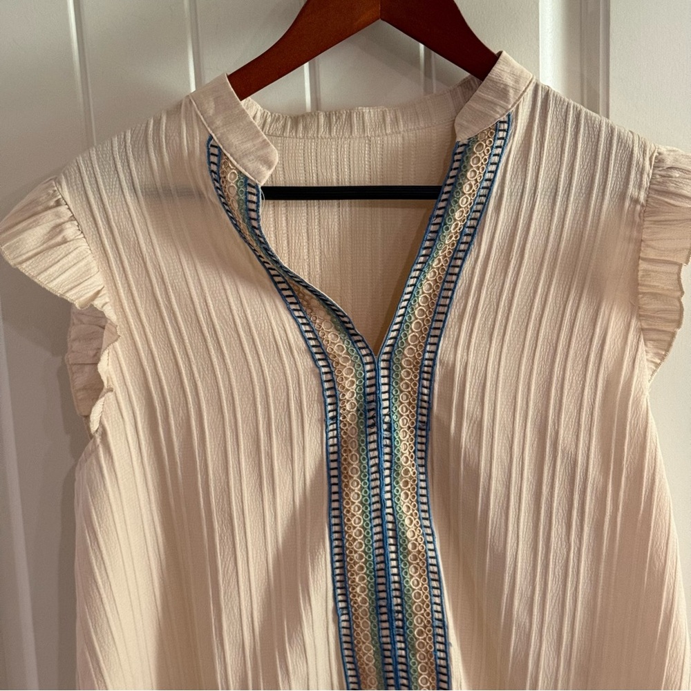 Women’s Boho Embroidered Flutter Sleeve Blouse Cream Blue Size L (est) - Picture 2 of 5